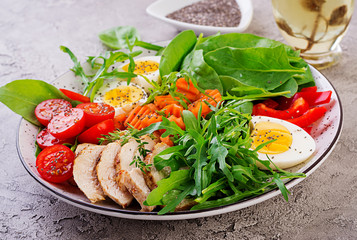 Plate with a keto diet food. Cherry tomatoes, chicken breast, eggs, carrot, salad with arugula  and spinach. Keto lunch