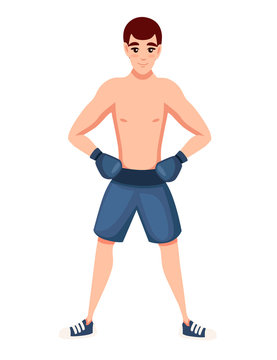 Boxer in sports pants with boxing gloves stand on training cartoon character design flat vector illustration isolated on white background