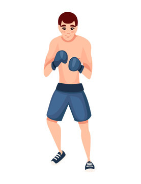 Boxer in sports pants with boxing gloves stand in defensive stance on training cartoon character design flat vector illustration isolated on white background