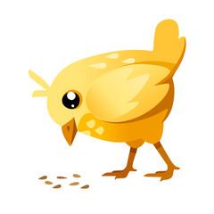 Cute little chick standing and eating crumbs on the floor side view cartoon character design flat vector illustration