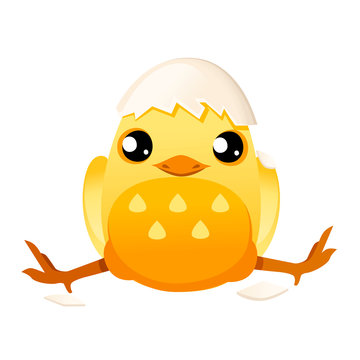 Cute little cartoon chick with hat from egg shell cartoon character design flat vector illustration
