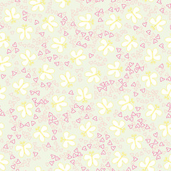 Seamless multicolored doodle background with flowers and butterflies.  illustration for packaging and printing on fabric