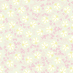 Seamless multicolored doodle background with flowers and butterflies.  illustration for packaging and printing on fabric