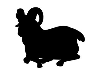 Black silhouette horned mountain ram sheep sit on floor cartoon character design flat vector animal illustration isolated on white background