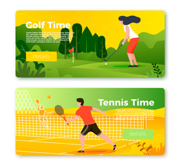 Vector set of bright banner templates with tennis man and golf girl. City, forest, river and mountains on soft background. With place for your text.