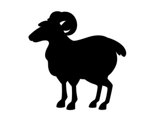 Black silhouette horned mountain ram sheep cartoon character design flat vector animal illustration isolated on white background