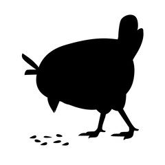 Black silhouette Cute little chick standing and eating crumbs on the floor side view cartoon character design flat vector illustration