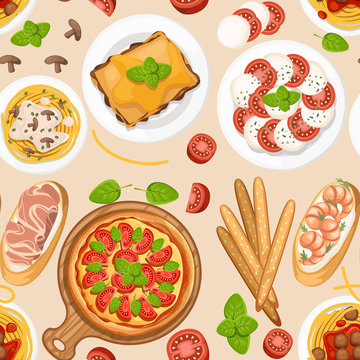 Seamless pattern. Italian cuisine. Pizza, spaghetti, risotto, bruschetta and grissini. Classic italian food on plates and wooden plank. Flat vector illustration on beige background