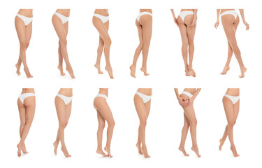 Collage of young woman with sexy slim body on white background, closeup