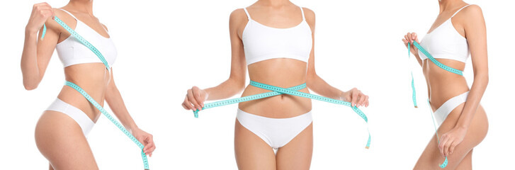 Collage of slim young woman measuring her body with tape on white background, closeup