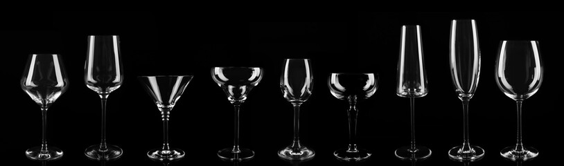 Set of different empty glasses on black background. Banner design