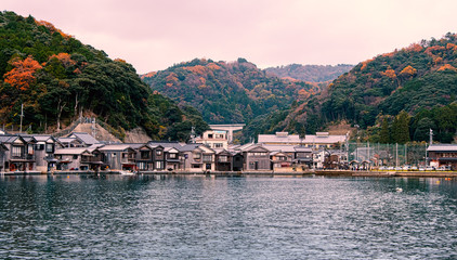 Scenic view of Ine-Cho and Funaya houses at Ine bay in Autumn , Kyoto, Japan