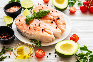 Raw salmon steaks