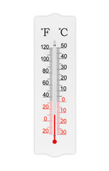 Fahrenheit and celsius scale meteorology thermometer for measuring air temperature. Thermometer isolated on white background. Ambient temperature plus 10 degrees fahrenheit