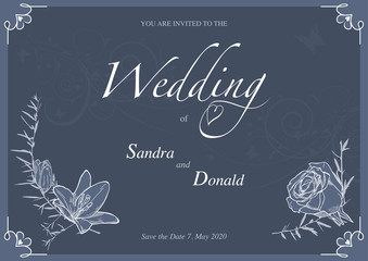 Floral Wedding Invitation with White Silhouetted Flowers - Outlined Illustration, Vector Graphic