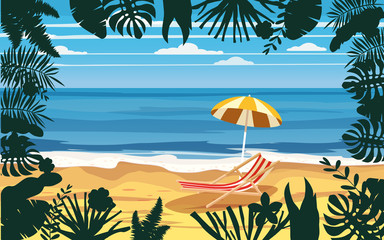 Fototapeta na wymiar Time to travel ocean sea beach, coast, palm leaves umbrella, beach chair