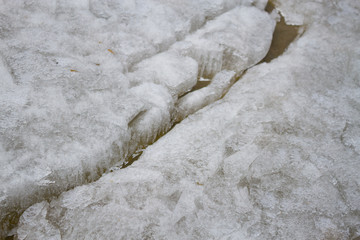 cracked ice on river in spring
