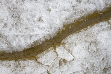 cracked ice on river in spring