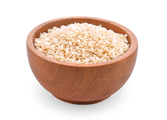 White sesame in wooden bowl on white background.