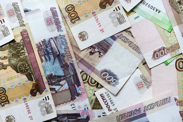Different bills of Russian rubles close up. Money background