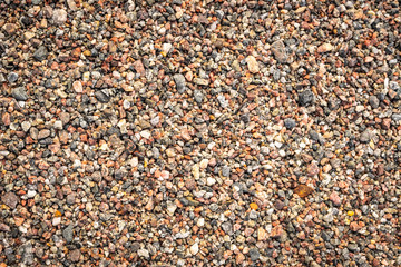 Sea pebble texture. Small multicolored pebble-stones. Close up beach stones surface.