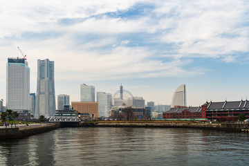 Fototapeta na wymiar skyline of Minatomirai, view from the bay in Yokohama, Japan