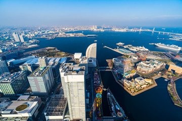view of Yokohama Cityscape at Minato Mirai waterfront district, view from Yokohama Landmark Tower, Japan