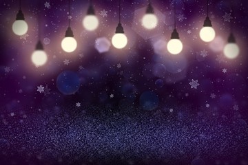 Fototapeta na wymiar nice shining glitter lights defocused bokeh abstract background with light bulbs and falling snow flakes fly, holiday mockup texture with blank space for your content