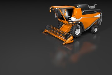 industrial 3D illustration of big modern orange wheat harvester side top view with reflection on dark grey, mockup with place for content