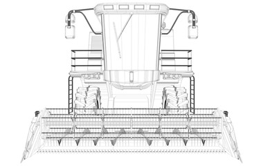 Industrial 3D illustration of thin contoured, detailed 3D model of farm harvester isolated on white, agricultural machine research concept