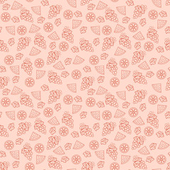 Seamless contour pattern of grapes, lemon and watermelon. This fruit design for your business projects. Ideal for fabrics and decor. Beautiful vector background