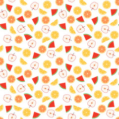 Seamless pattern of juicy watermelon, ripe apple, lemon and orange. This fruit design for your business projects. Perfect for fabrics and decor. Beautiful vector background