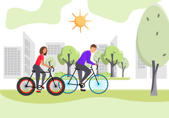 Naklejka premium Man and woman people riding bicycles in the park