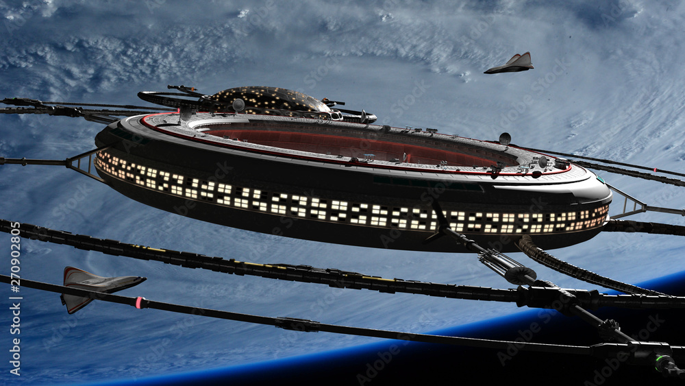 Poster space station and serveral spaceships in orbit of planet earth (3d science background rendering, ele