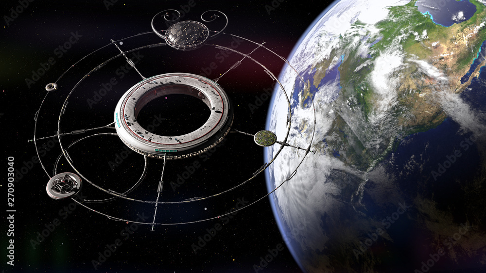 Wall mural space station with spaceships in orbit of planet earth (3d science fiction render, elements of this 