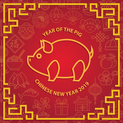 happy chinese new year frame, greeting card with year of the pig on red background and soft icon of china festival