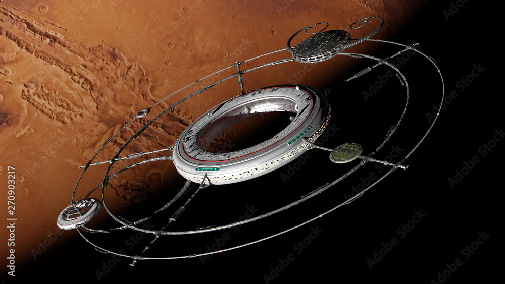 Wall mural space station with spaceships in orbit of planet mars (3d science fiction background rendering, elem