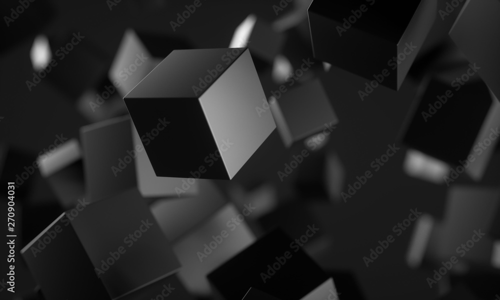 Poster Abstract 3d rendering of chaotic particles. Scifi cubes in empty space. Futuristic background. 3D rendering - Illustration