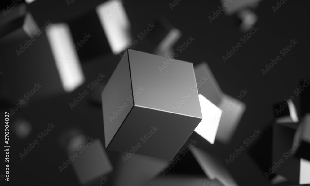 Poster abstract 3d rendering of chaotic particles. scifi cubes in empty space. futuristic background. 3d re