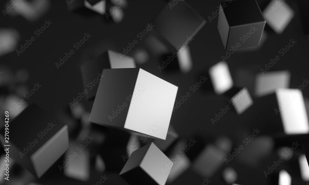 Poster abstract 3d rendering of chaotic particles. scifi cubes in empty space. futuristic background. 3d re