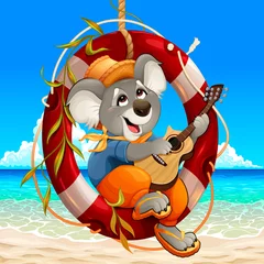 Deurstickers Koala speelt gitaar op het strand © ddraw