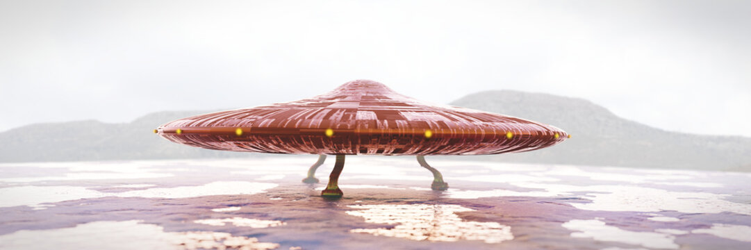 UFO on the colourful surface of an alien planet, science fiction scene with alien spaceship (3d space rendering banner)