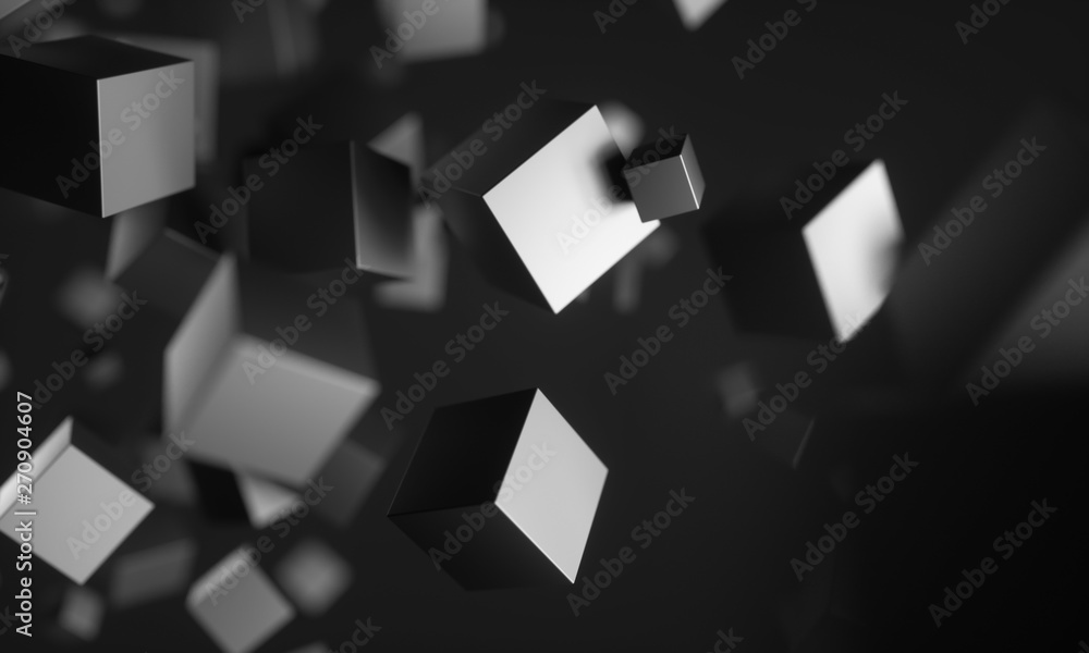 Fototapete Abstract 3d rendering of chaotic particles. Scifi cubes in empty space. Futuristic background. 3D rendering - Illustration