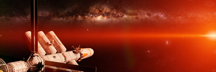 spaceship mission in deep space lit by the Milky Way galaxy and a bright star  © dottedyeti