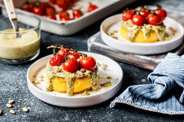 Fried Polenta with Pesto and Tomato