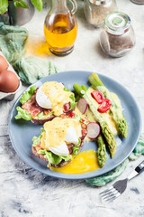 Sandwiches with bacon, poached egg and asparagus
