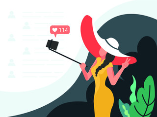 vector illustration of a Woman in a big hat making selfie on the background of plants with a selfie stick. 