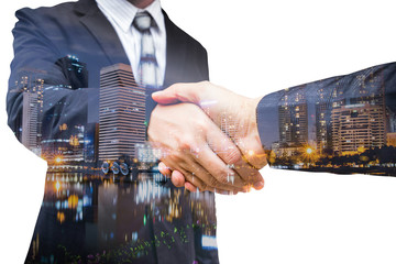 The double exposure handshake businees and city