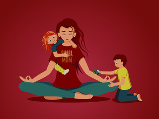Young woman sits in a yoga pose and relaxes. Girl and boy play with their mom.  Vector illustration for a family poster or postcard.