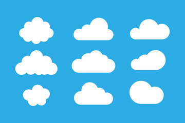 Set of clouds isolated on blue background. Weather signs. White paper stickers. Collection of clouds icon.